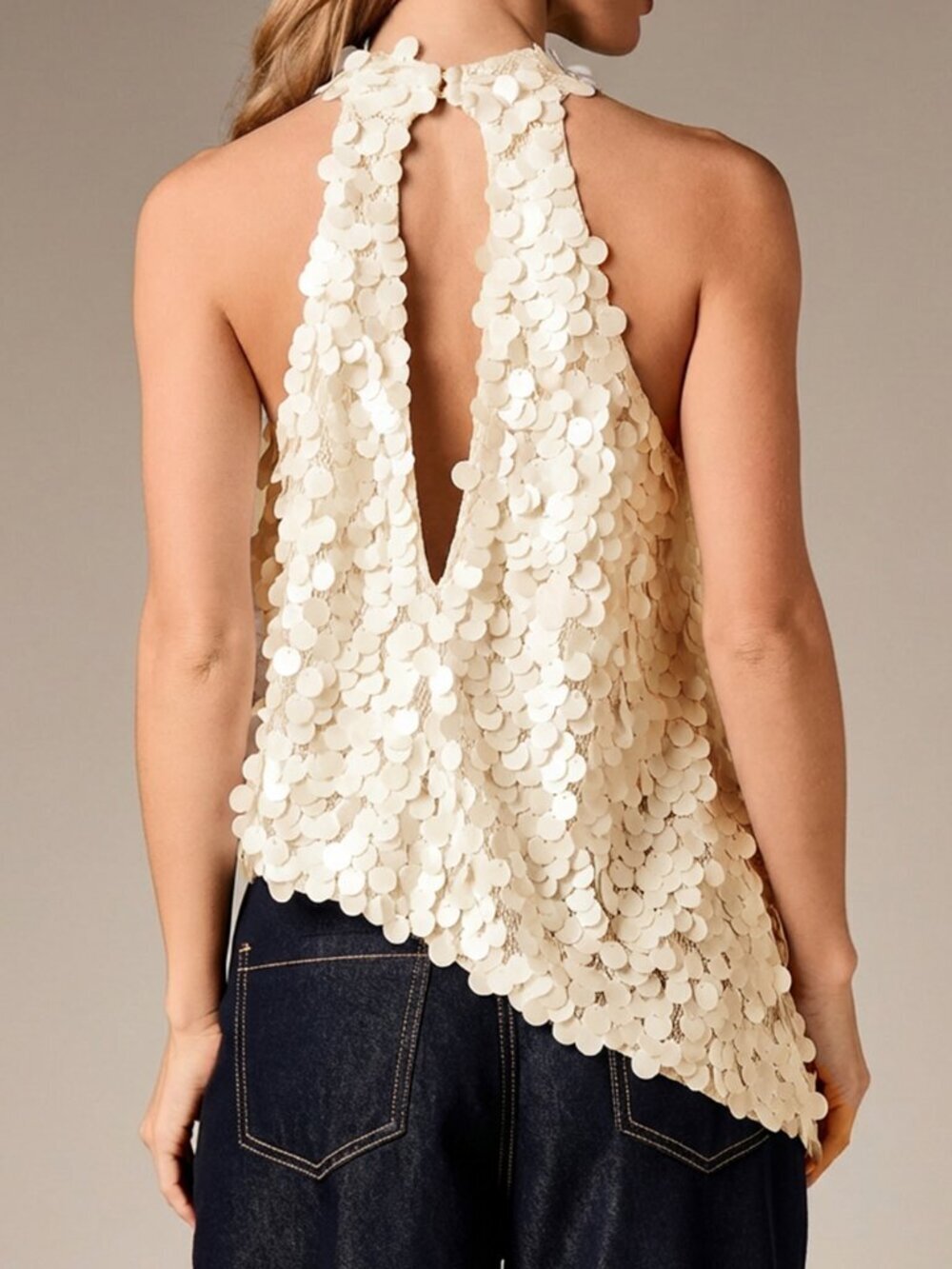 Cream Elegant Women's Asymmetric Halter Sequin Top Sleeveless Blouse - Picture 2 of 5